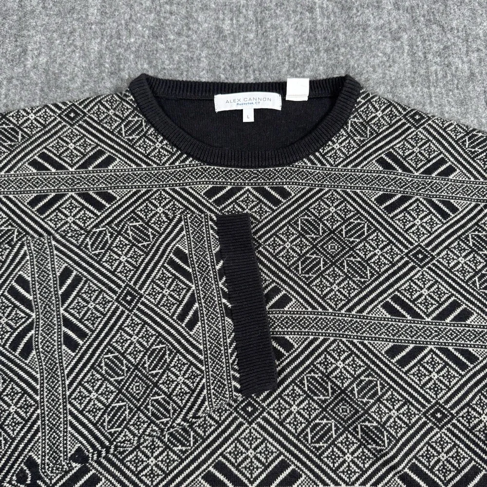 Alex Cannon Men's Large Black White Geometric Sweater Silk Cotton Crewneck